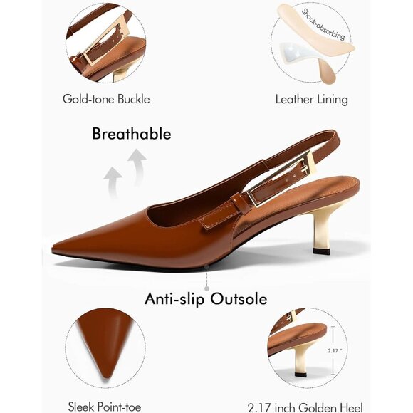 Women's Brown Slingback Kitten Heels Closed Pointed Toe Pumps Buckle Strap - Picture 4 of 6